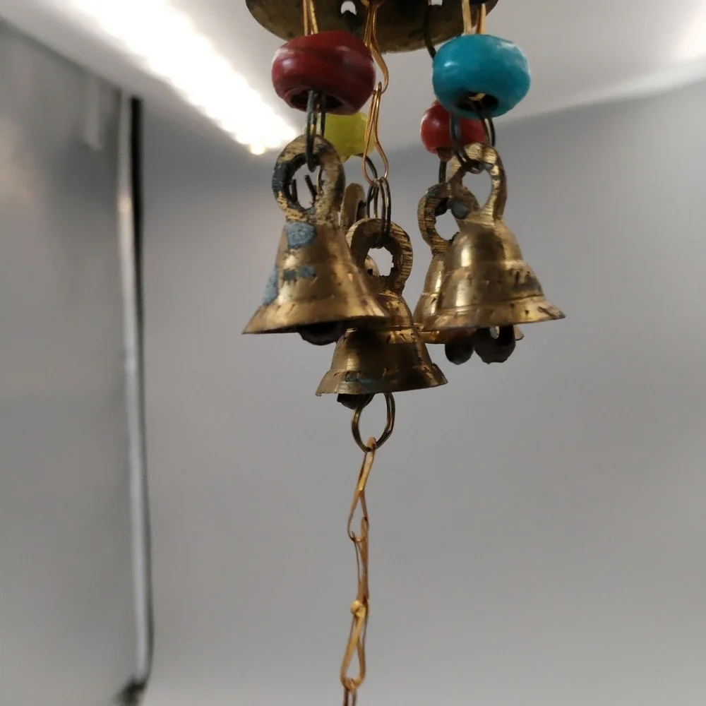 Vintage Brass Cluster Wind Chime Mini Temple Bells Boho Hanging Decor with Beads